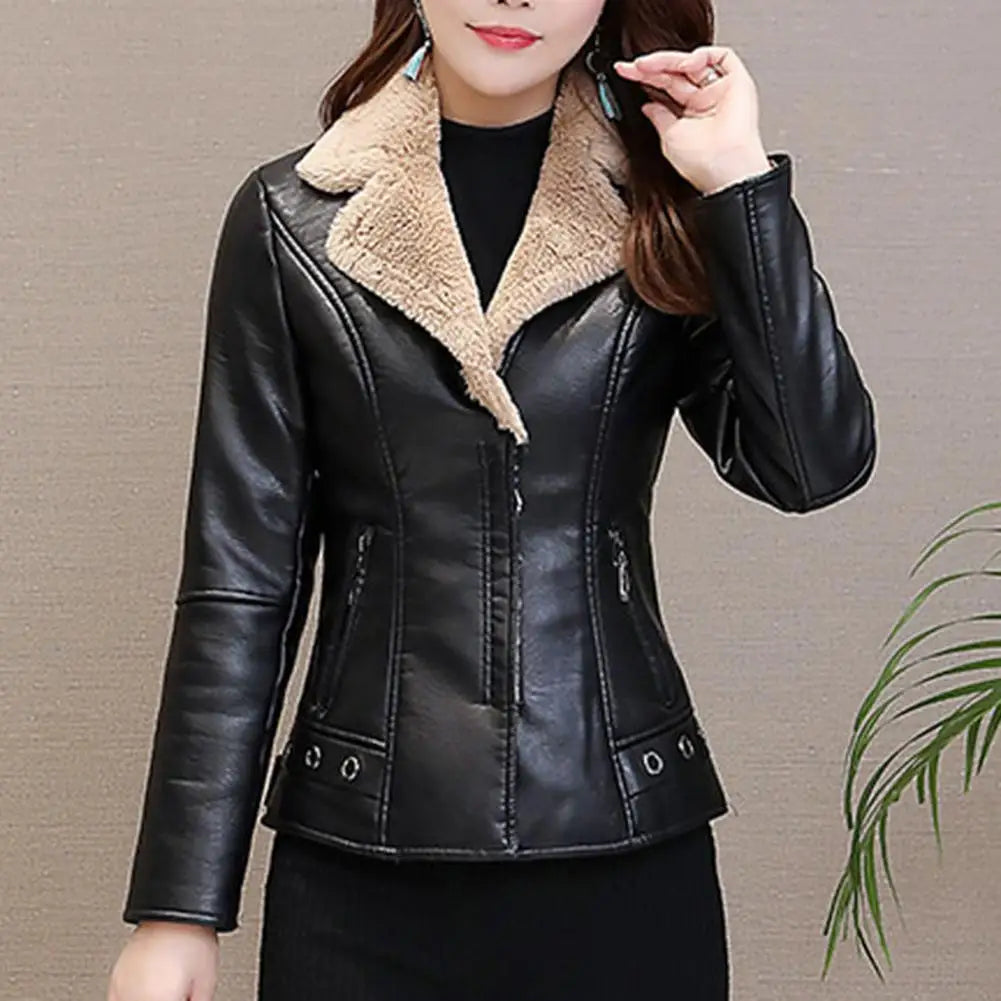 Jaqueta Feminina em Faux Leather com Detalhes em Pelúcia