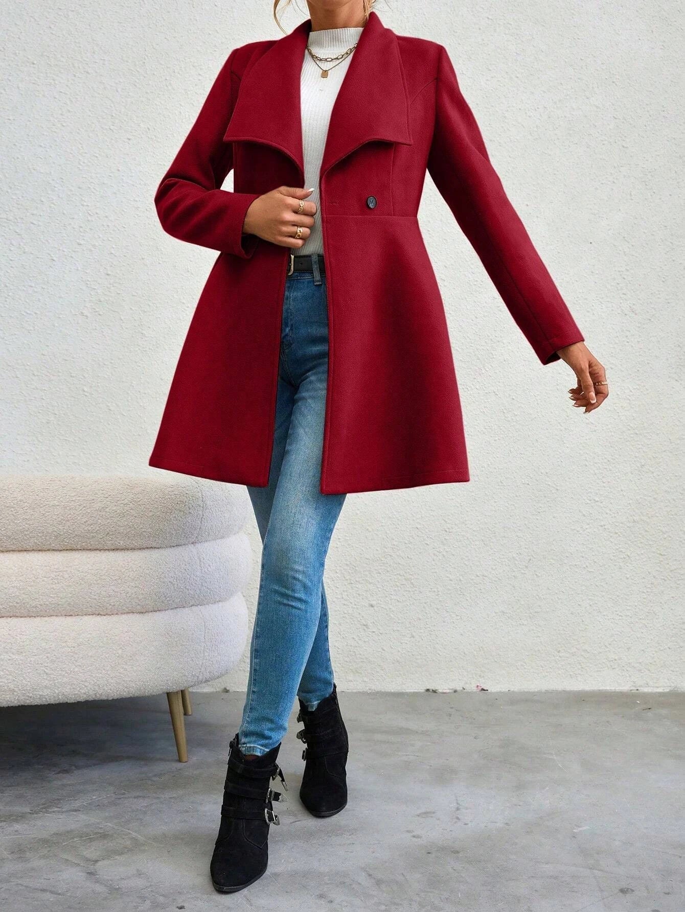Casaco Feminino de Inverno com Gols Lapel e Botões
