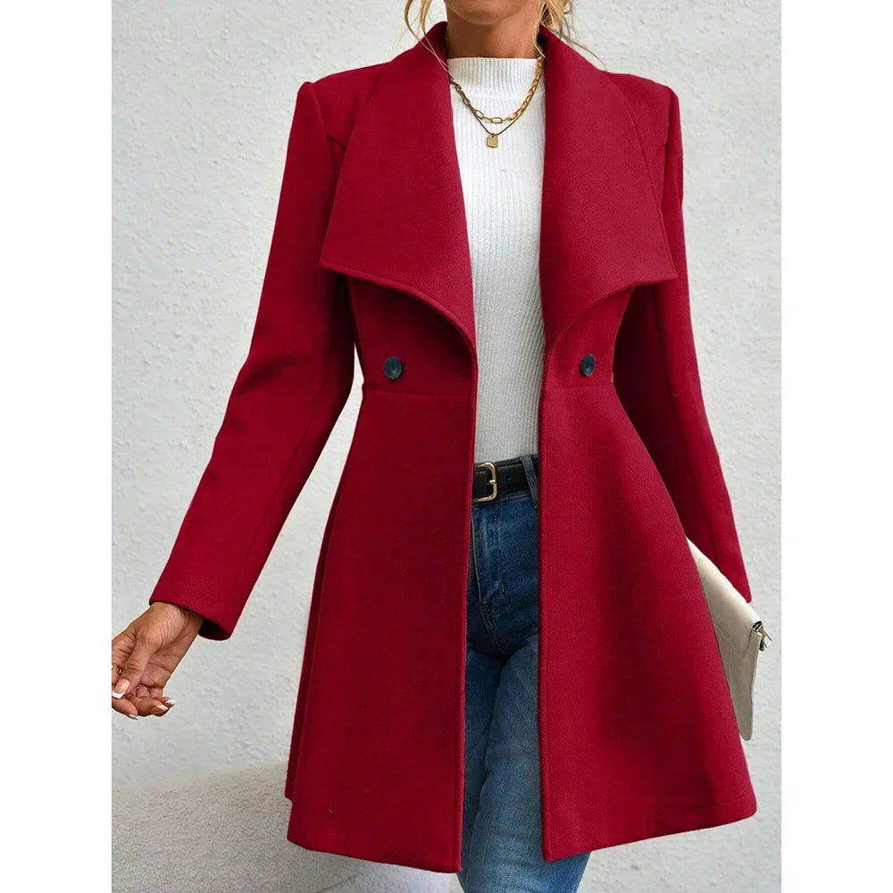 Casaco Feminino de Inverno com Gols Lapel e Botões