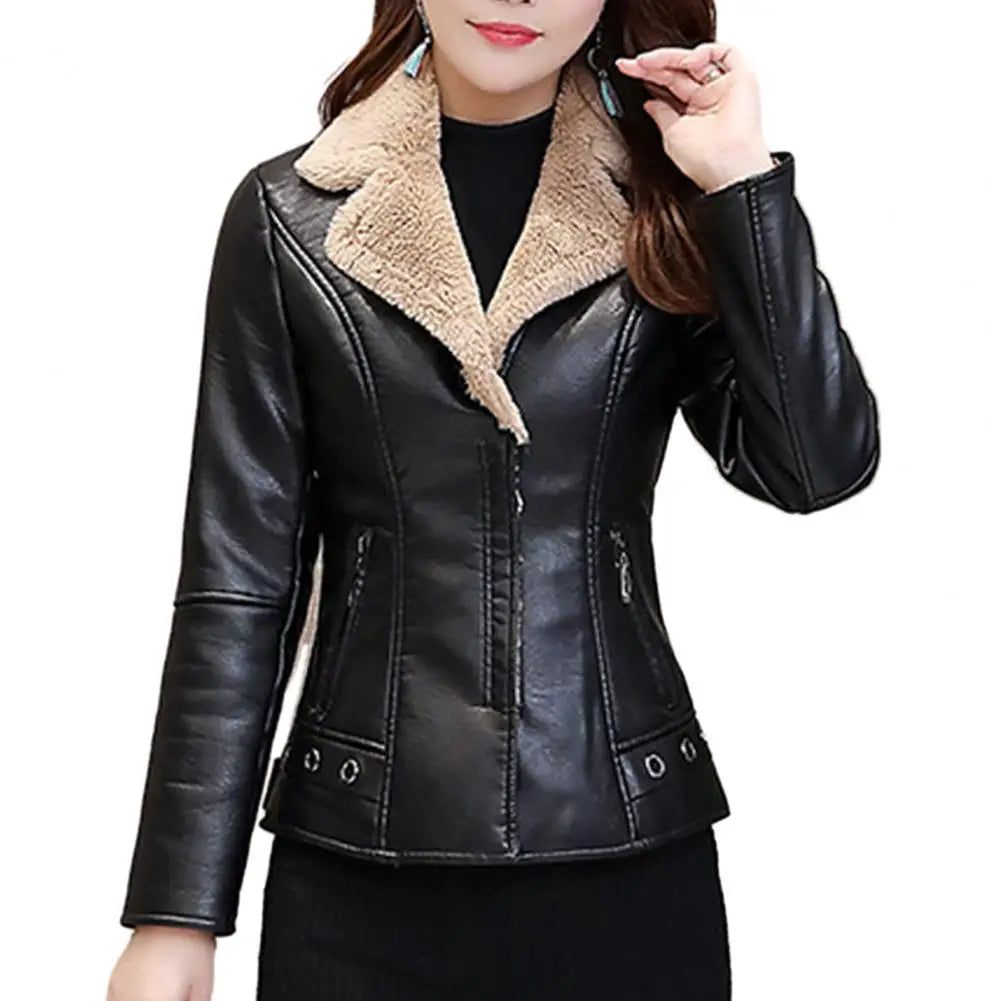 Jaqueta Feminina em Faux Leather com Detalhes em Pelúcia